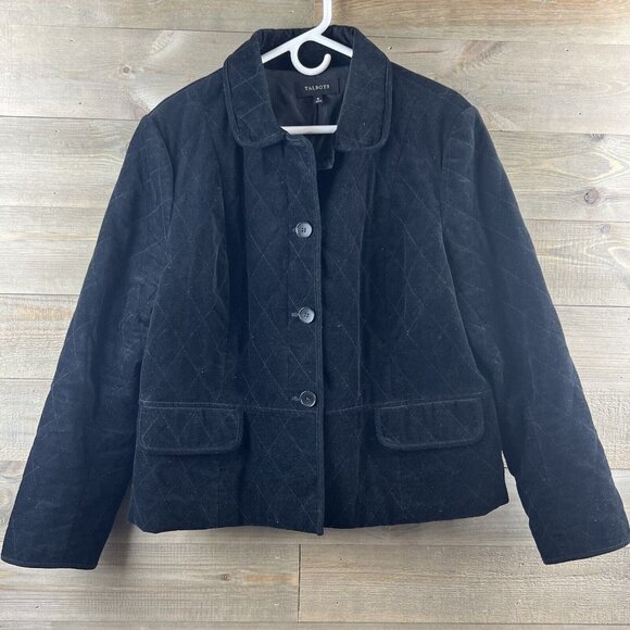 Talbots Womens Jacket Quilted Velour Button Up Faux Pockets Black Elegant 16 - Picture 1 of 6
